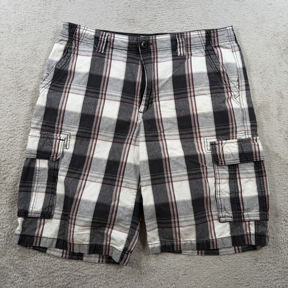 Cargo Supply Shorts Mens 36 Grey Red Plaid Cargo Cotton Skate Casual Pocket 10"